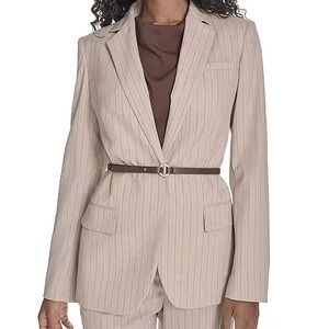 Calvin Klein Belted Pinstripe Jacket Blazer Lined Shoulder Pads Womens Size 12